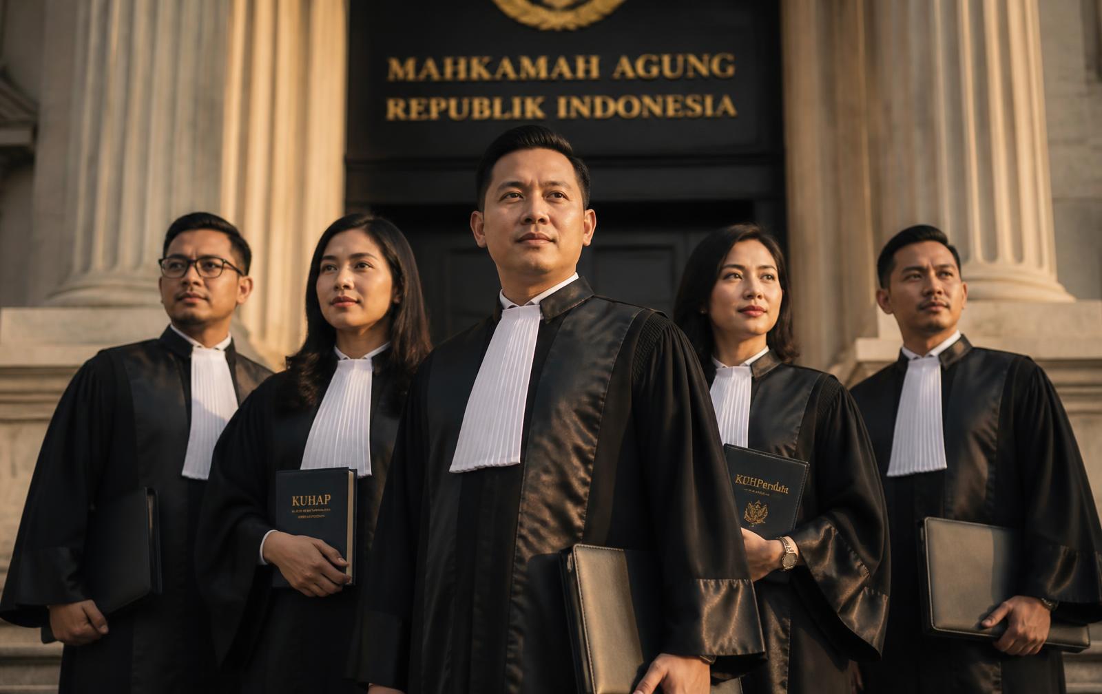 Advokat Indonesia berjubah hitam di depan gedung pengadilan